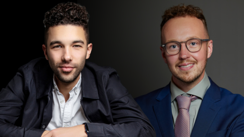 Pablo O'Hana and Adam Dance MP side by side against a dark, gradient background. Pablo is on the left wearing a dark jacket over a white shirt, resting his arms on a surface. Adam is on the right wearing a blue suit, pale green shirt, and patterned tie, smiling directly at the camera.